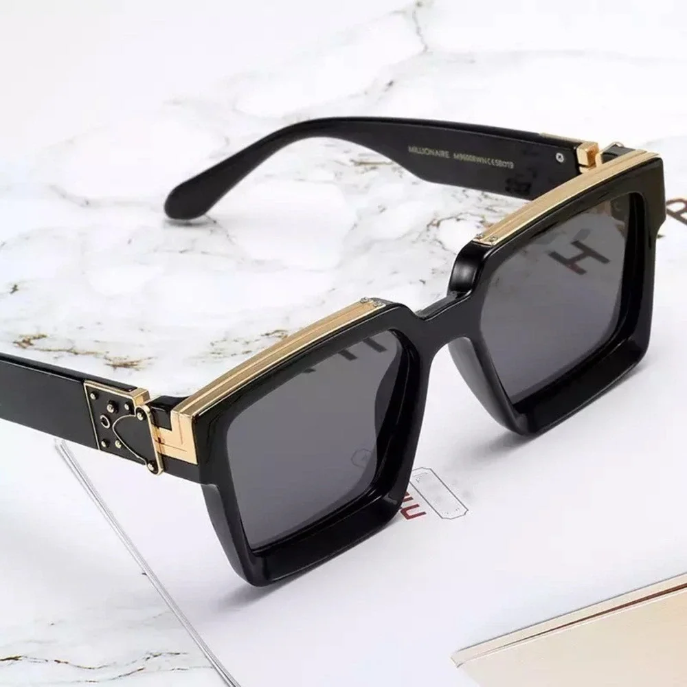 Mens Square Sunglasses Black Gold‎ Accents Designer Fashion Shades Hip Hop Cholo